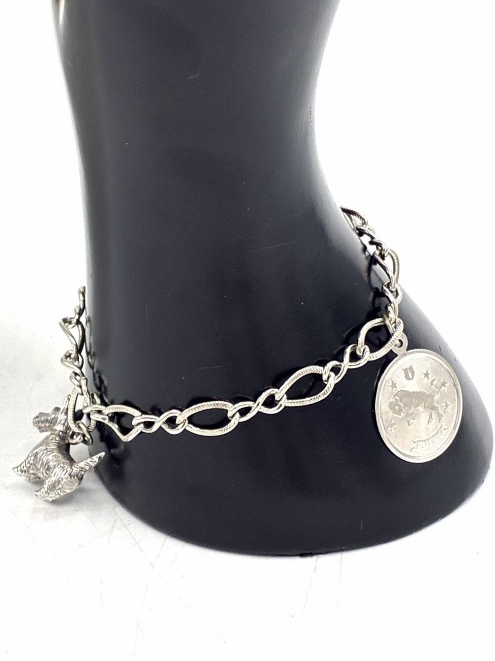 Sterling Silver Taurus Zodiac Charm Bracelet Figaro Chain, Dog Charm, Kinney 14g